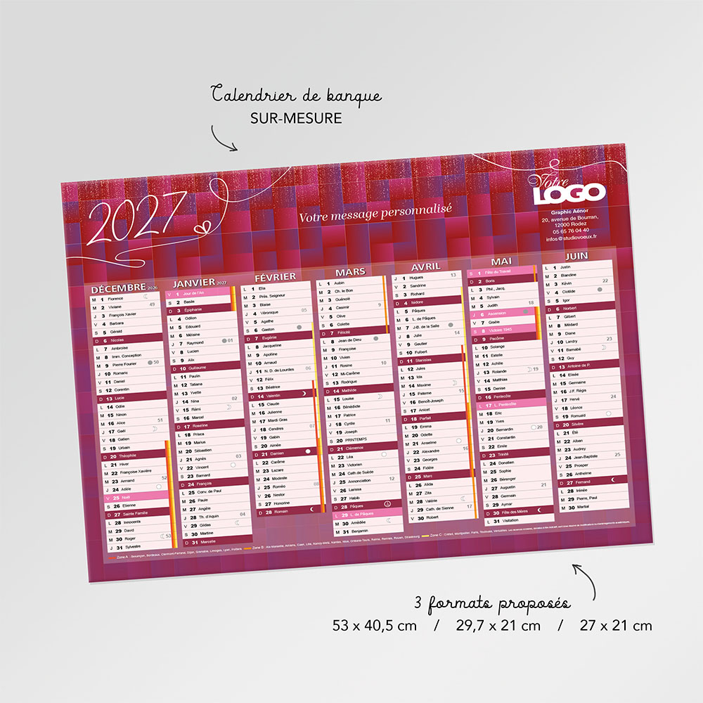Calendrier de banque - 3 formats