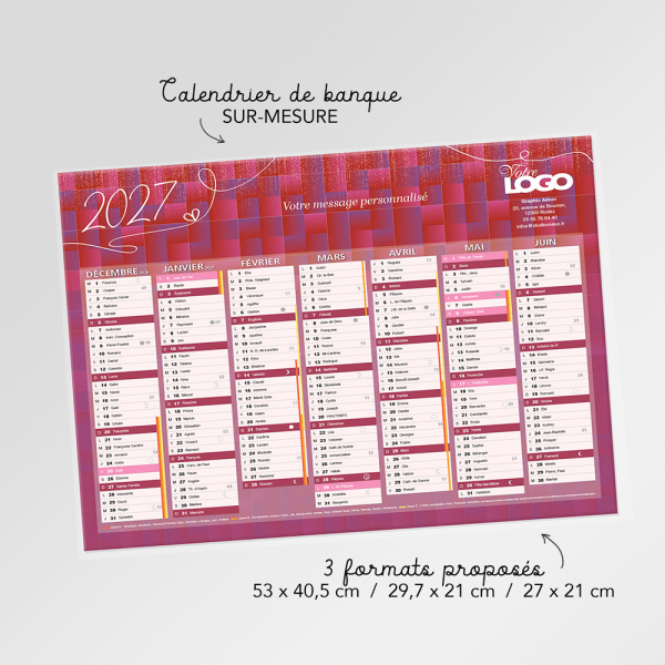 Calendrier de banque - 3 formats